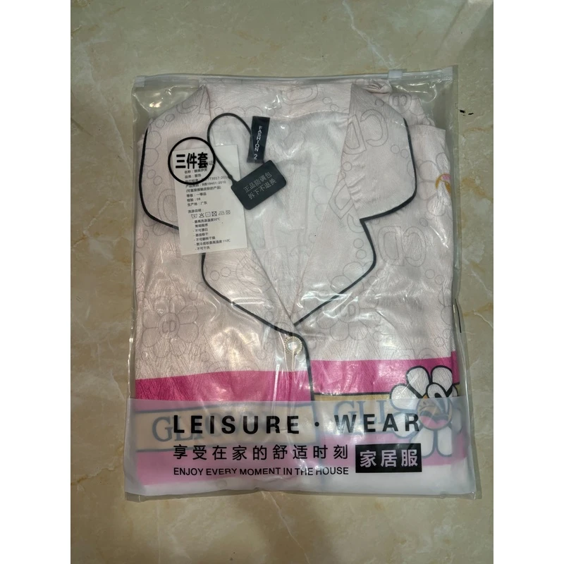 鹏CD太阳花冰雪丝柔软短袖短裤长裤不带胸垫气质睡衣套装三件套女