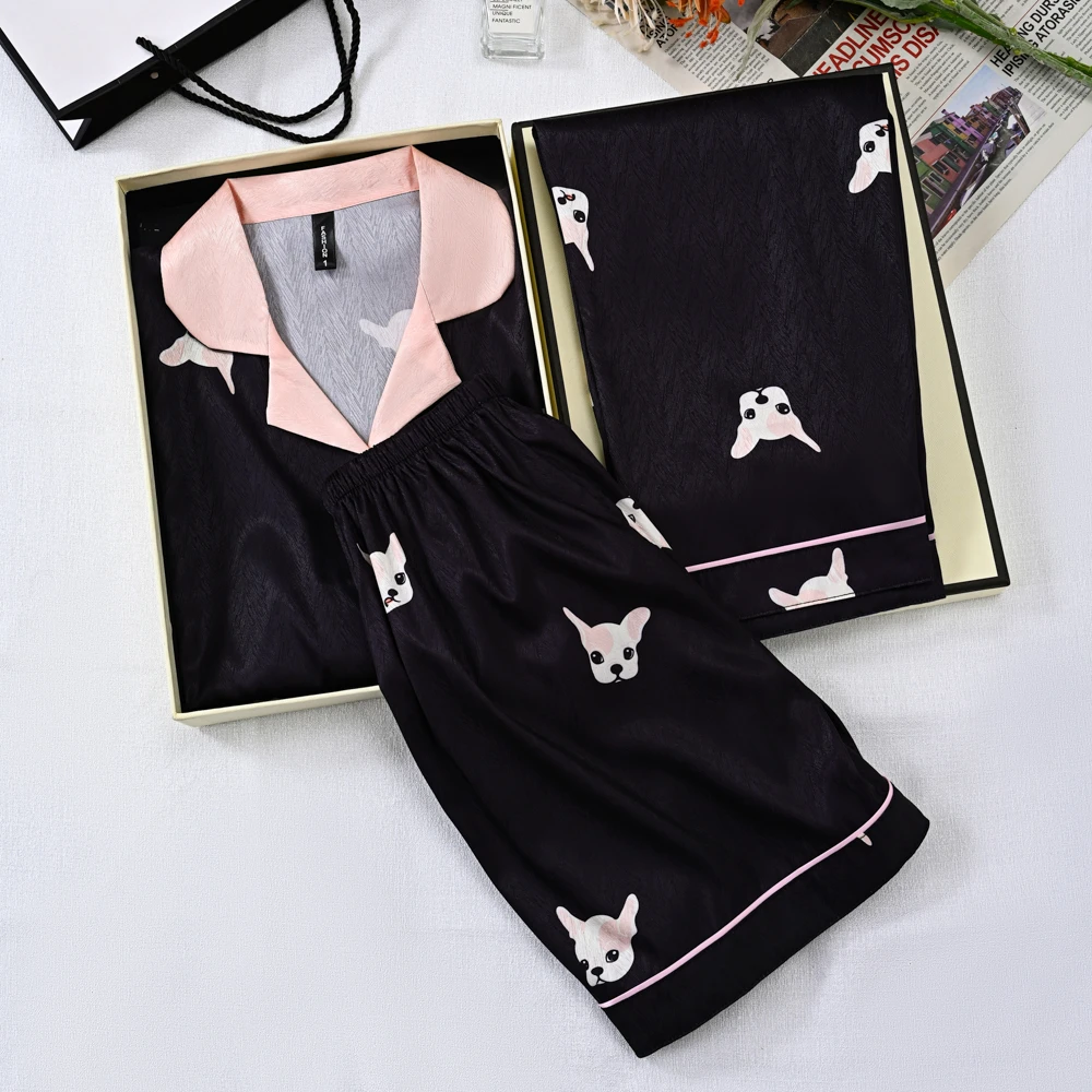 黑八哥女款三件套短裤短袖长裤不带胸垫睡衣家居服春秋