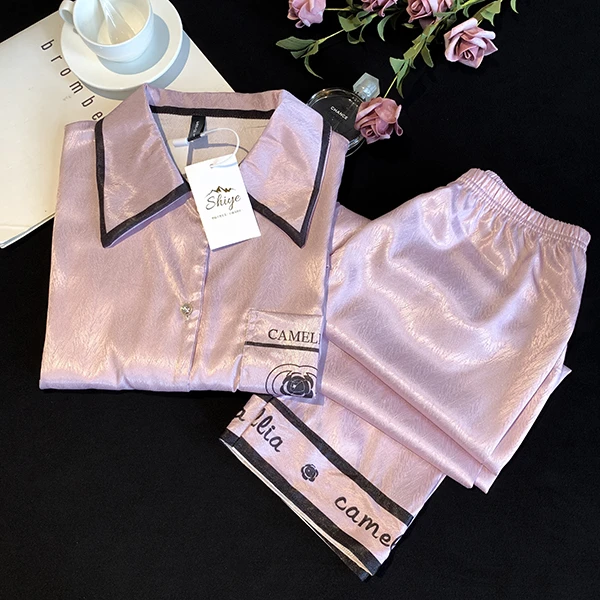 鹏紫色茶花柔软冰雪丝长袖长裤不带胸垫气质睡衣套装女时尚轻奢