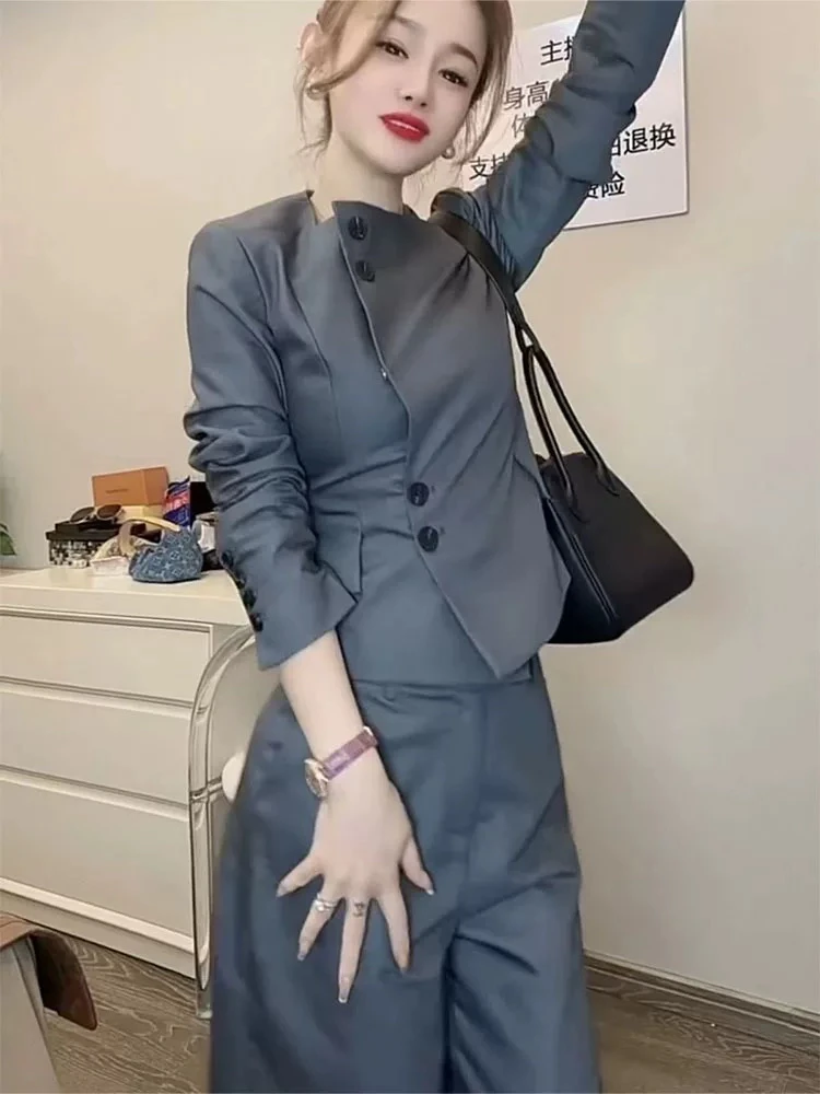 2024秋季新款高级感气质减龄高端大气方领上衣+裤子套装女24716