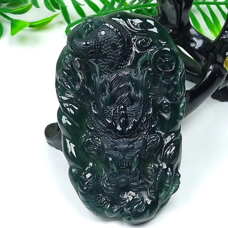 天然A货翡翠纯手工老蓝水霸气龙牌吊坠生意兴隆尺寸:81-49.5-12mm