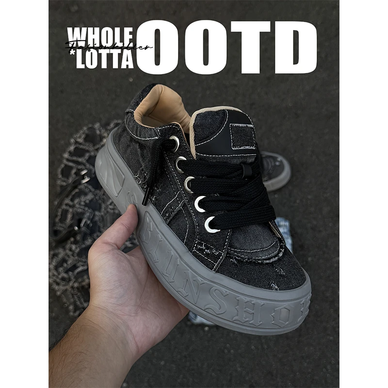 NewRockStarChoppa“破碎系列”CleanFIt牛仔厚底增高面包鞋 板鞋男