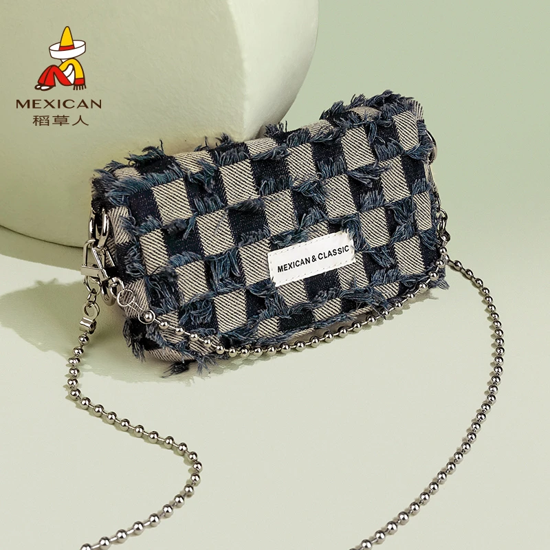 稻草人官方正品2025春夏新款女士包包简约牛仔布格子手提包斜挎包