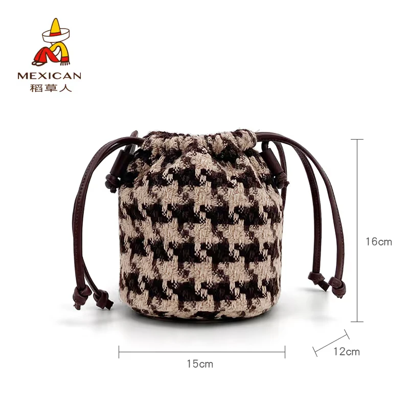 稻草人2023秋冬新款百搭编织抽绳单肩格子小包包