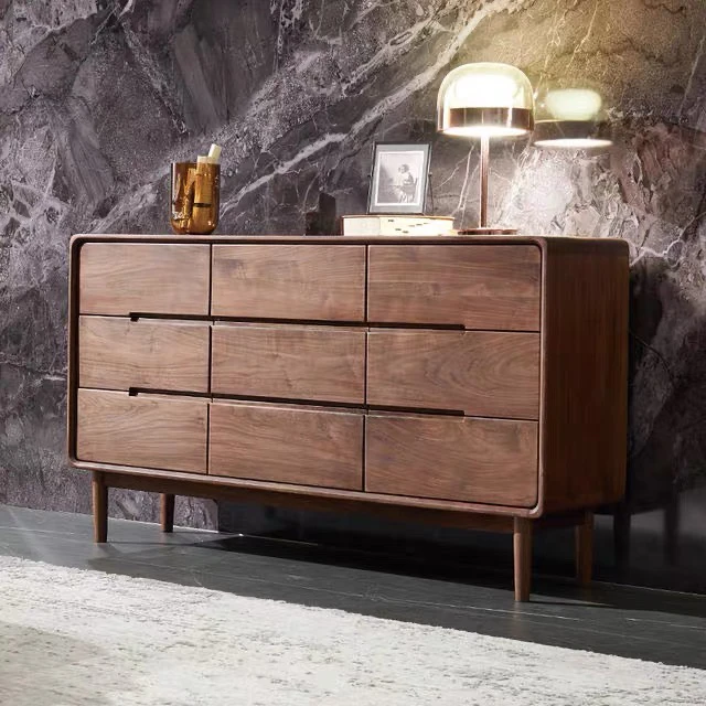 北欧储物柜卧室收纳边柜客厅现代轻奢九斗柜黑胡桃木实木九斗柜