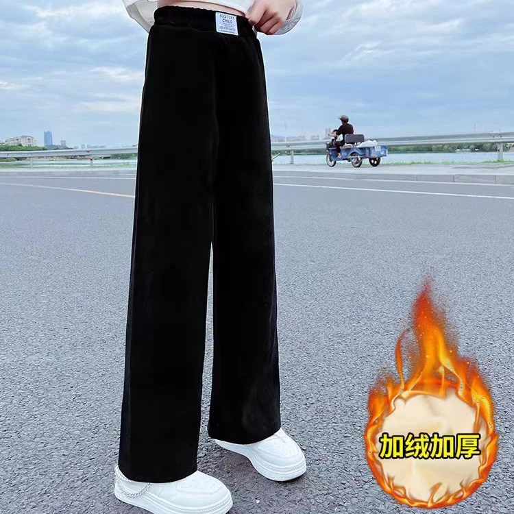 秋冬季女童加绒裤子显瘦休闲裤高腰直筒外穿宽松加厚女孩时尚童装