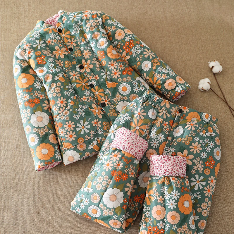 棉花手工棉衣女士妈妈保暖棉袄棉裤套装中老年人拜年服外穿加厚冬