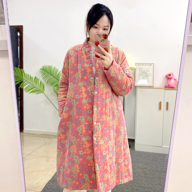 女士国风棉花睡衣 民族风中长款家居服 宽松版显瘦棉外套冬季