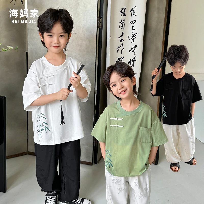 【文房纸墨】男童国潮风T恤夏季款中大童潮款唐装竹子上衣|24ba70