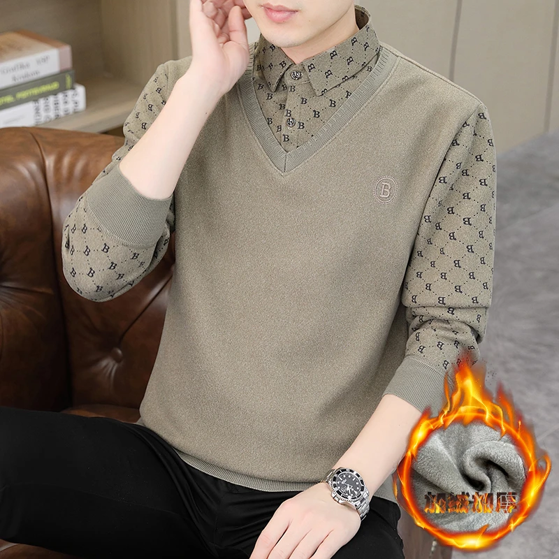 2023加绒加厚毛衣假两件秋冬季男士衬衫领长袖上衣保暖字母针织衫