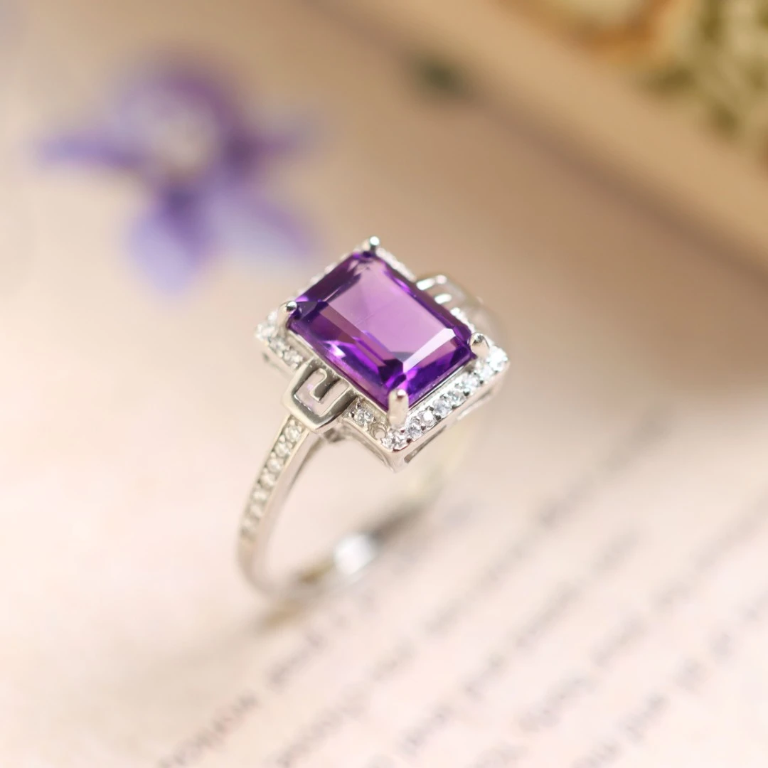 S925银素银镶嵌紫水晶几何时尚气质百搭女款戒指