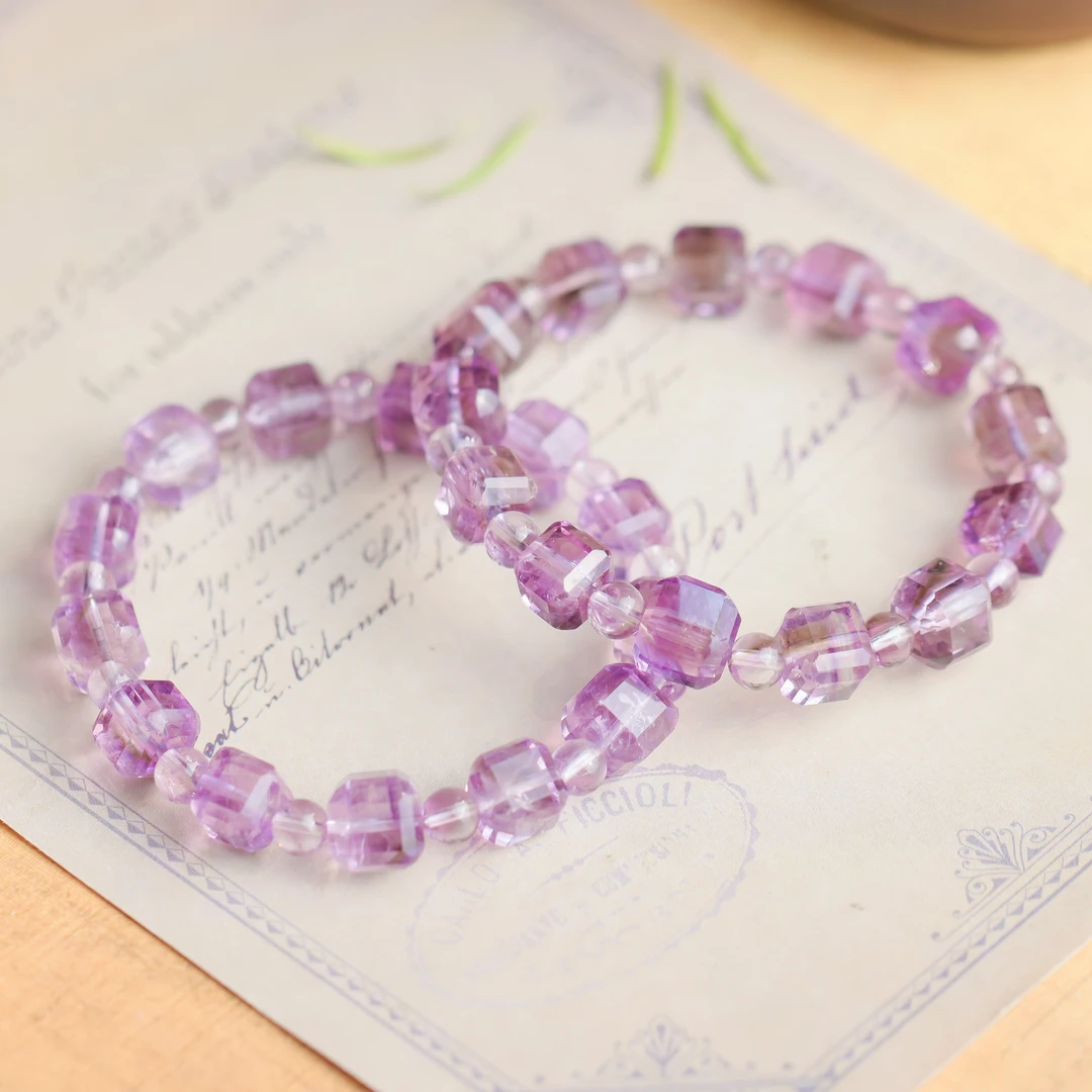 水晶紫水晶方糖圆珠气质百搭女款单圈手串（多样性发货 发其一）