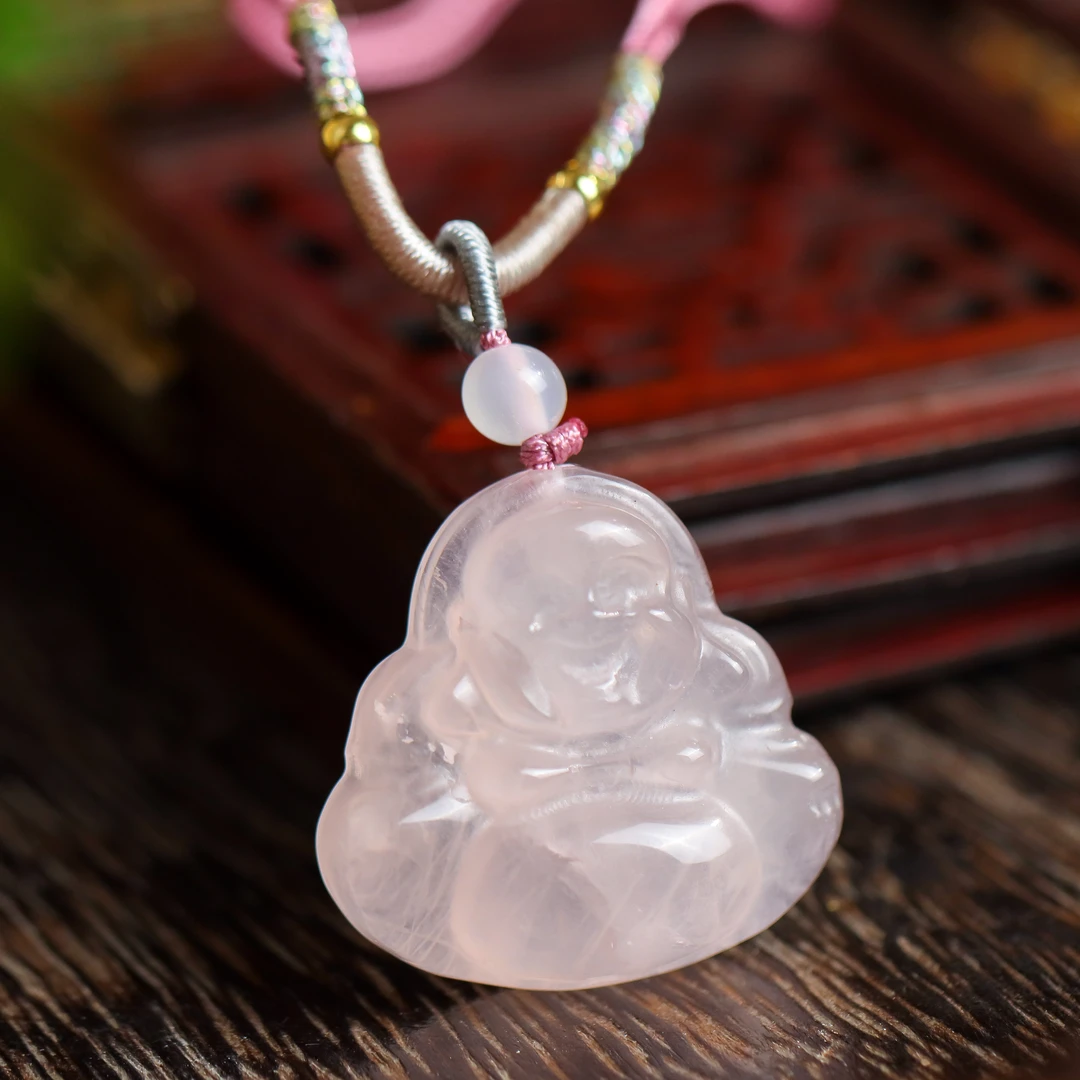 粉水晶佛公时尚精致雕刻女款编绳吊坠