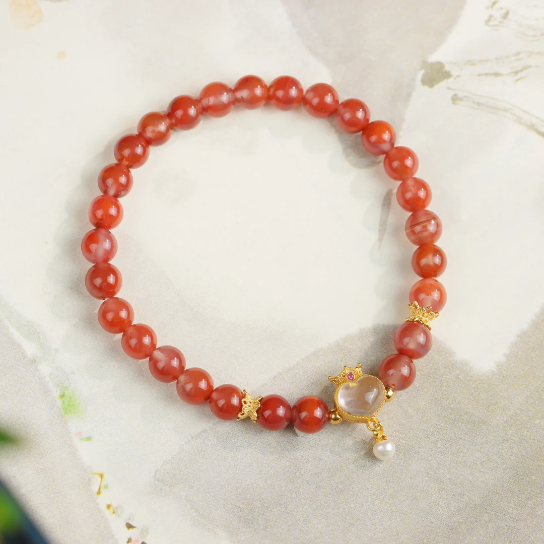 南红玛瑙圆珠爱心皇冠手工DIY可爱百搭女款单圈手串