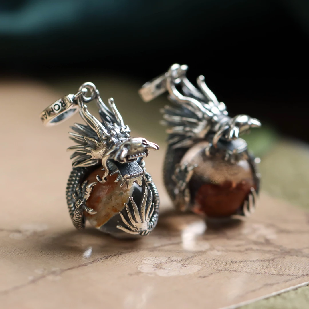 S925银素银镶嵌彩幽灵神龙戏珠吊坠不含链（多样性 发其一）