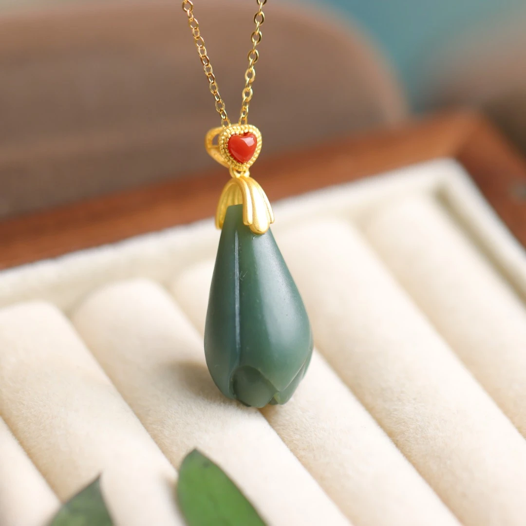 S925银镀金镶嵌和田玉且末蓝玉兰花气质送礼女款吊坠