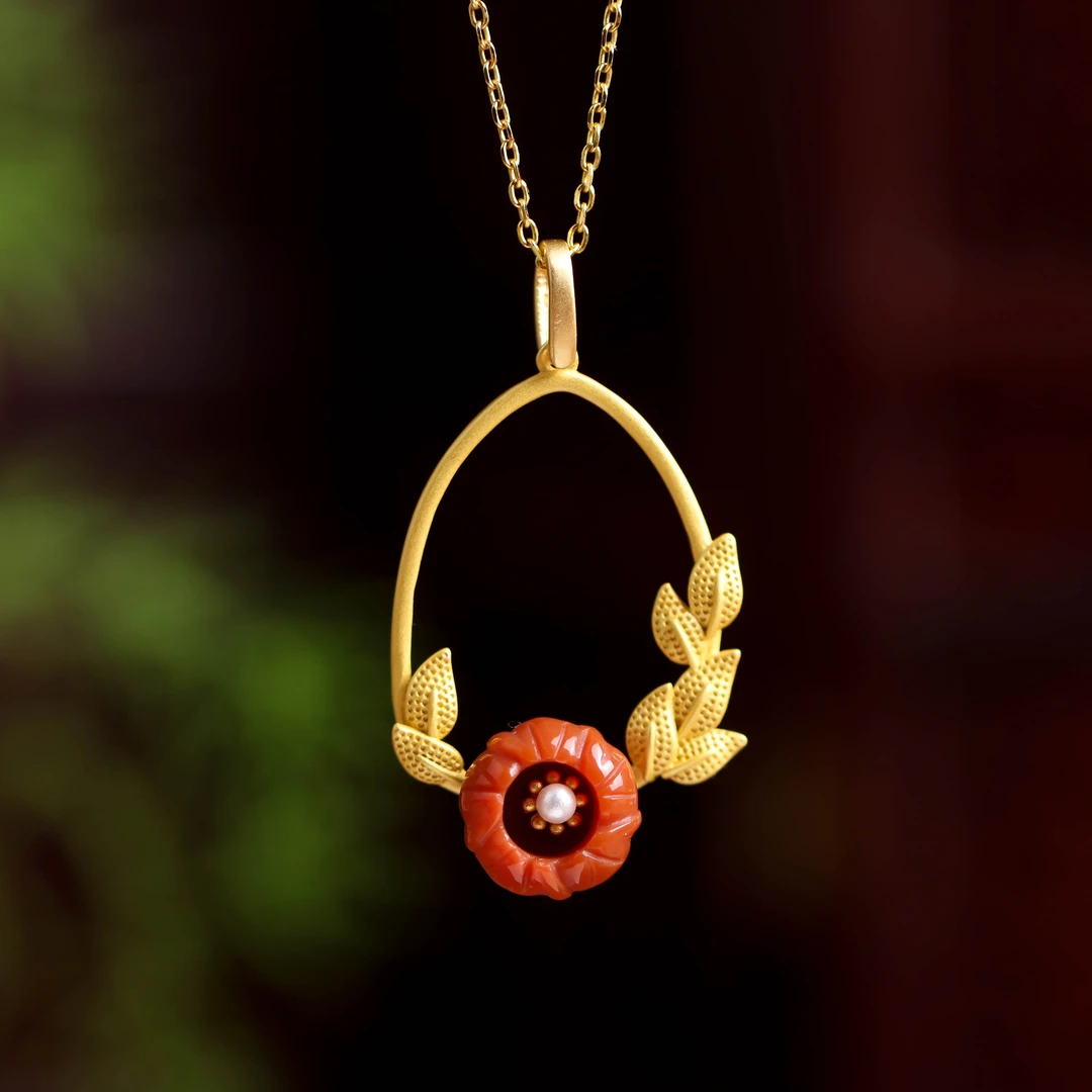 S925银镀金镶嵌南红玛瑙莲花民族风个性女款吊坠(不含链)