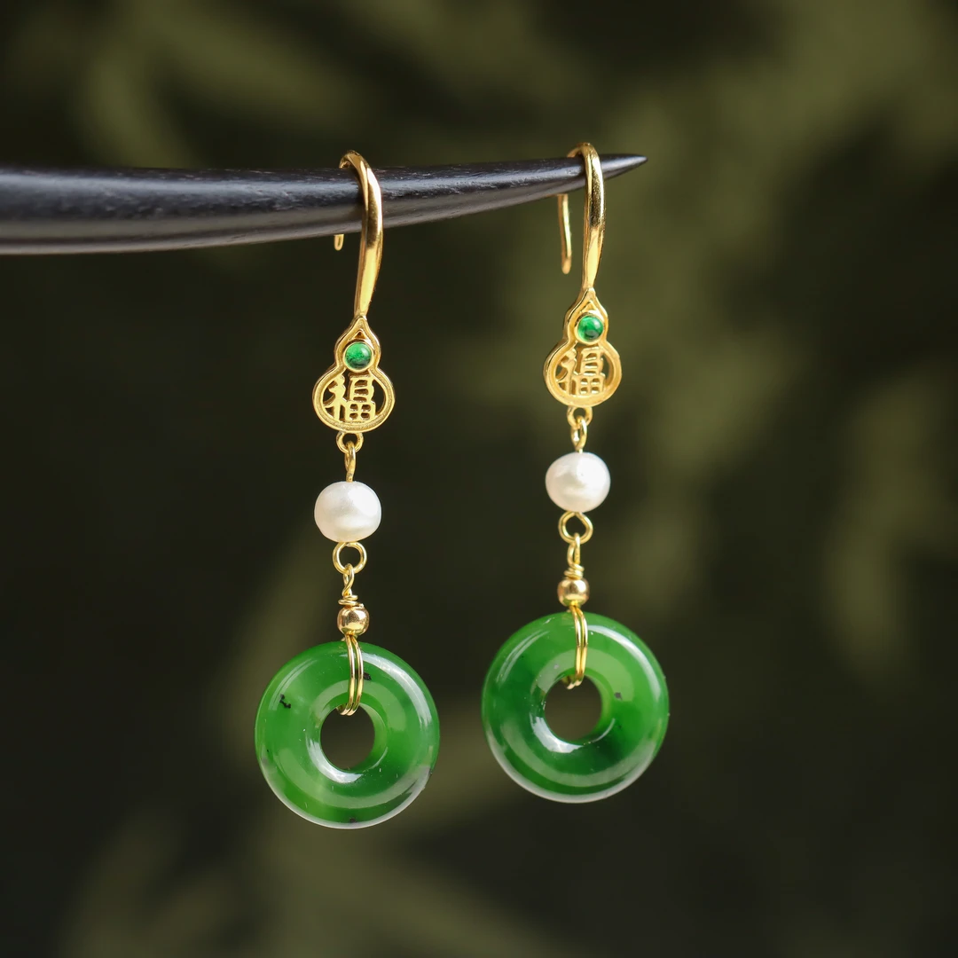 S925银镀金镶嵌和田玉碧玉福字葫芦平安扣国潮国风女款DIY耳饰