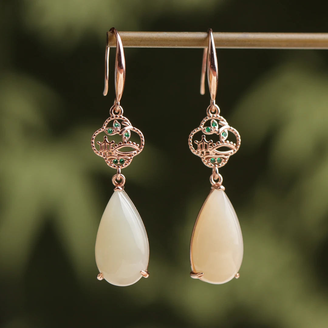 S925银镶嵌和田玉水滴镂空雕花气质百搭女款玫瑰金耳钉