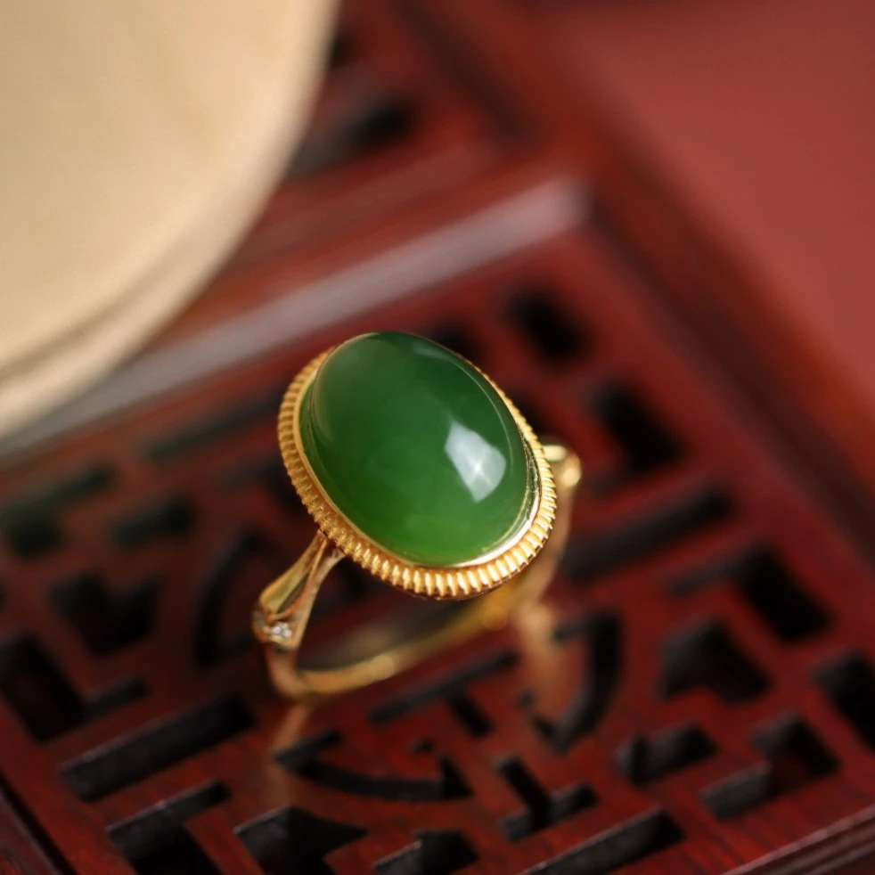 S925银镀金镶嵌碧玉蛋面时尚气质百搭女款戒指