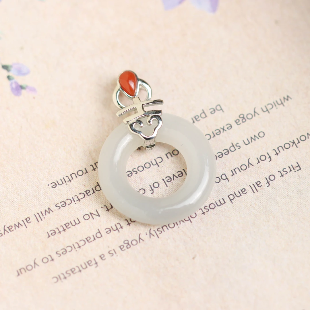 S925银素银镶嵌烟紫玉平安扣民族风百搭女款吊坠不含链