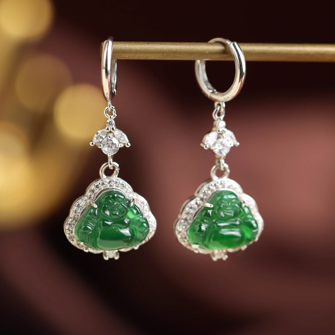 S925银素银镶嵌翡翠佛公笑口常开气质百搭送礼女款耳坠