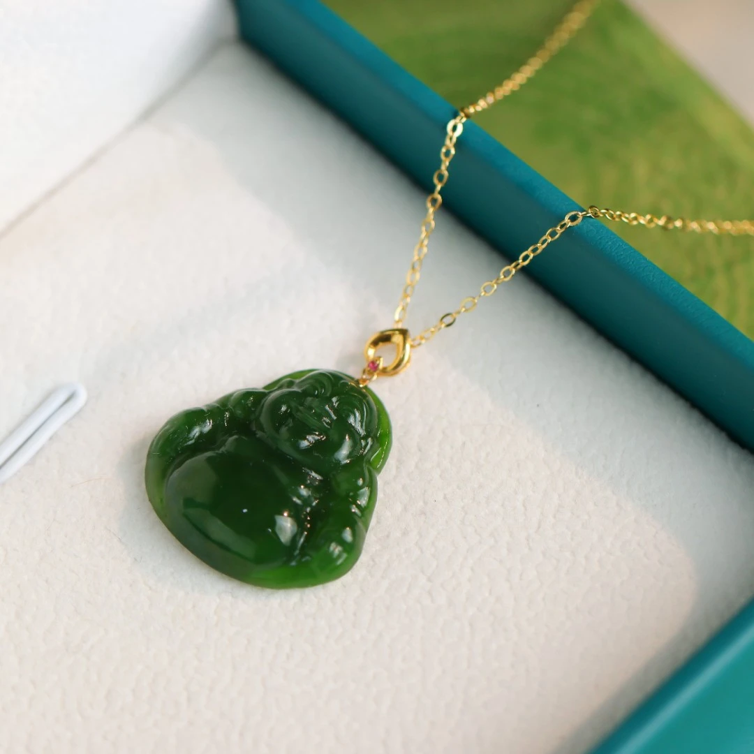 和田玉碧玉佛公18K金扣头菠菜绿气质女款吊坠 不含链