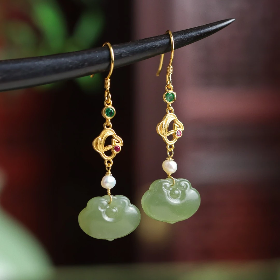 和田玉青玉S925银镀金镶嵌如意锁民族风气质女款耳坠