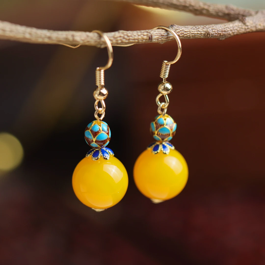 黄玛瑙圆珠绣球宫廷风民族风手工DIY女款耳坠