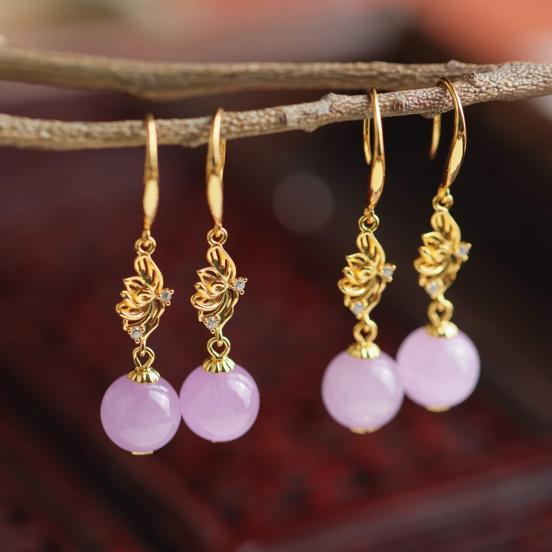 S925银镀金镶嵌紫锂辉莲花圆珠女款耳钩耳饰（多样性发货 发其一）