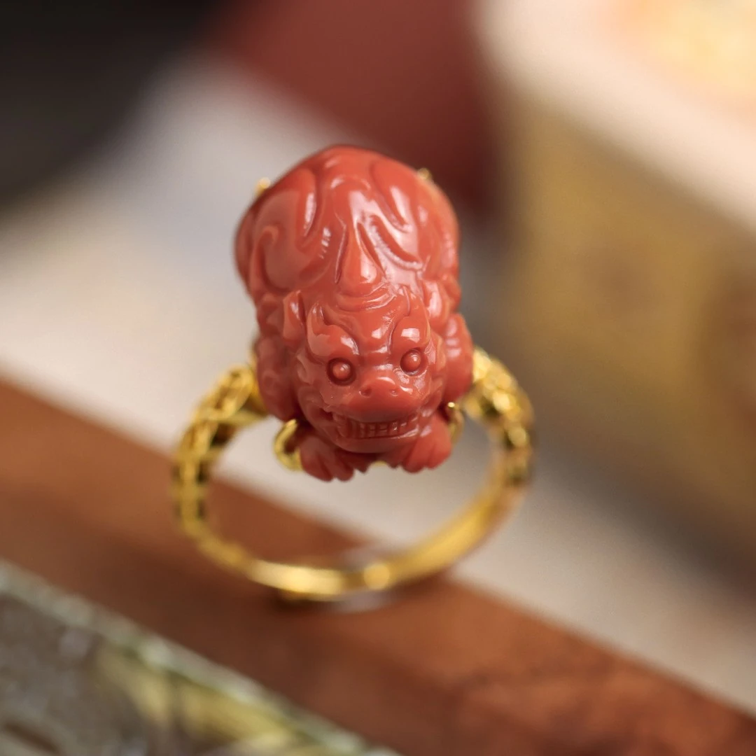 S925银镀金镶嵌南红玛瑙招财貔貅民族风精雕气质女款戒指