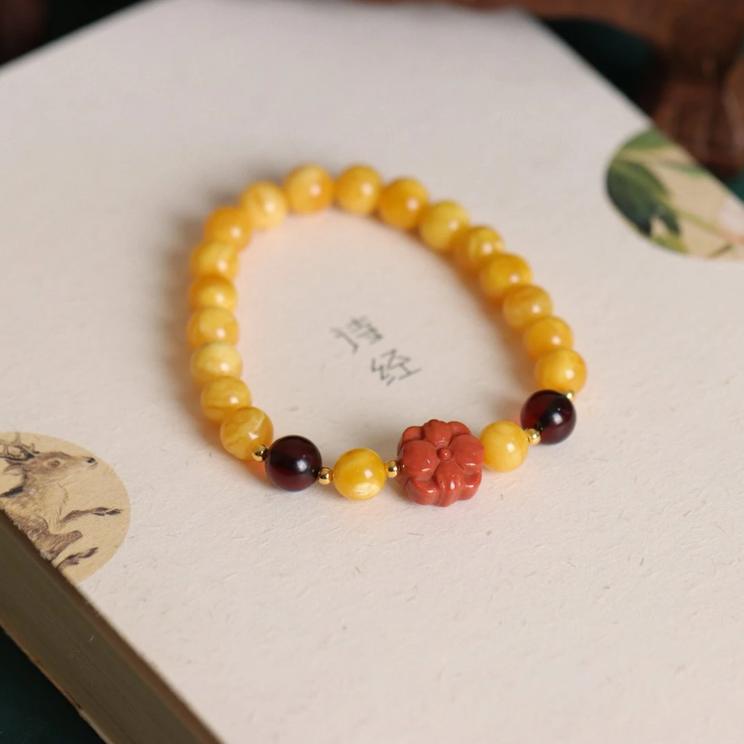 琥珀蜜蜡圆珠玛瑙花朵复古民族风气质百搭DIY女款手串