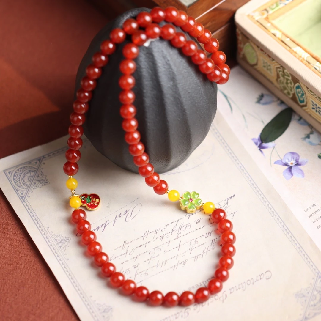 红玛瑙五葫芦四叶草民族风百搭送礼女款多圈手串