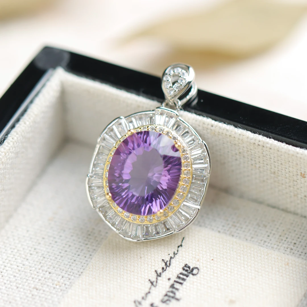 925银素银镶嵌水晶紫水晶蛋面豪镶气质时尚轻奢女款吊坠 不含链