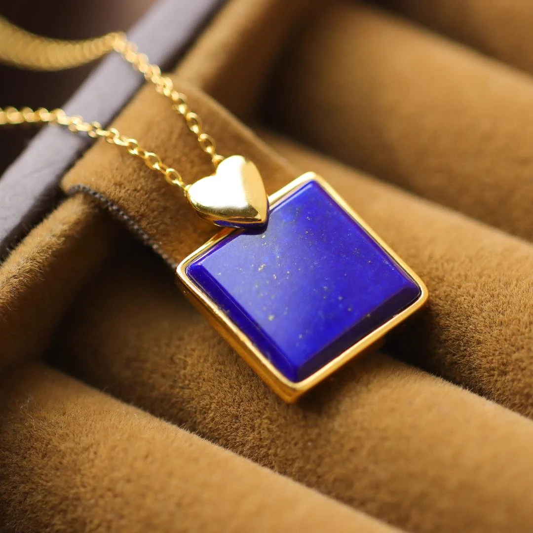 S925银镀金镶嵌青金石方形爱心款个性流行送礼女款吊坠