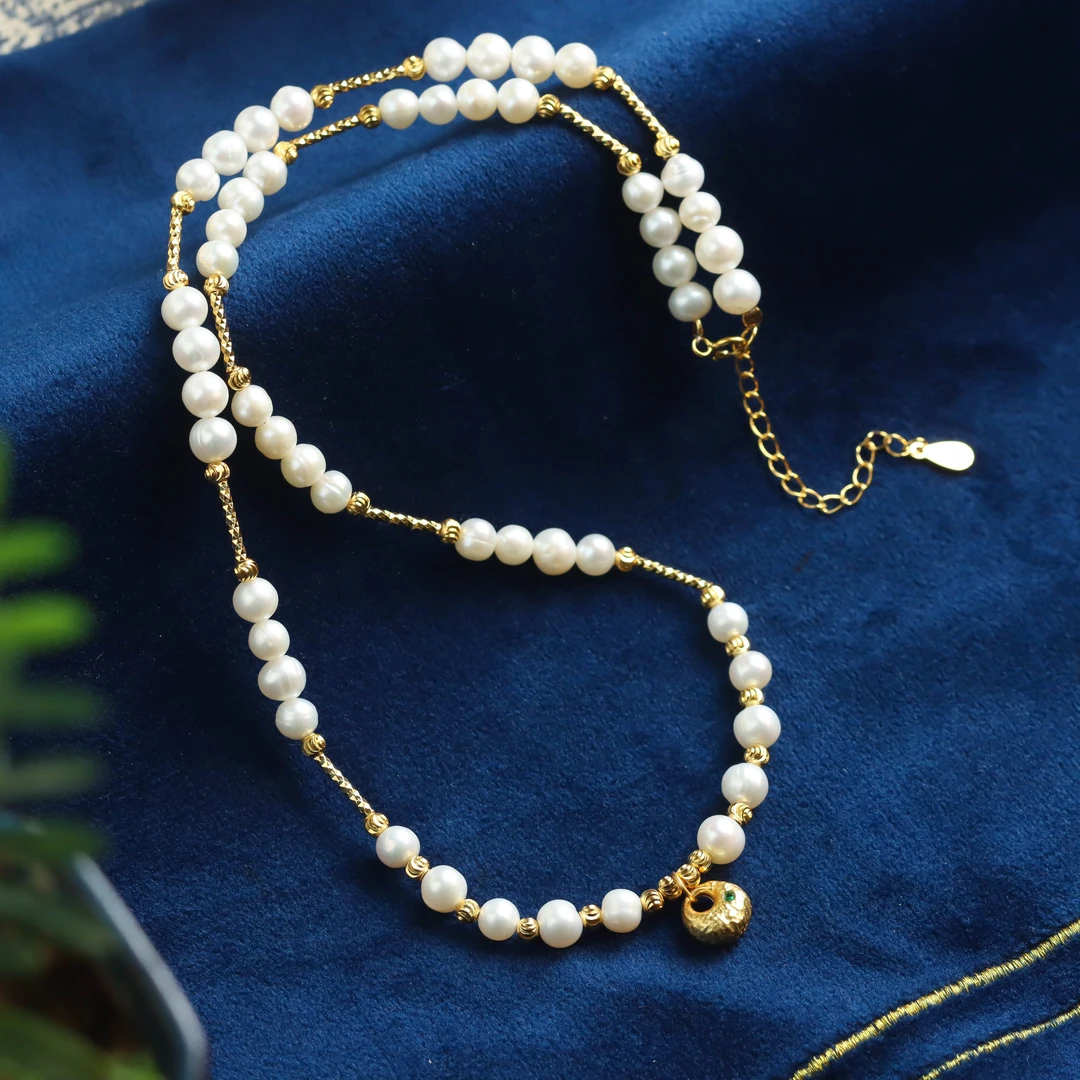 S925银镀金镶嵌淡水珍珠圆珠设计款时尚百搭送礼女款项链