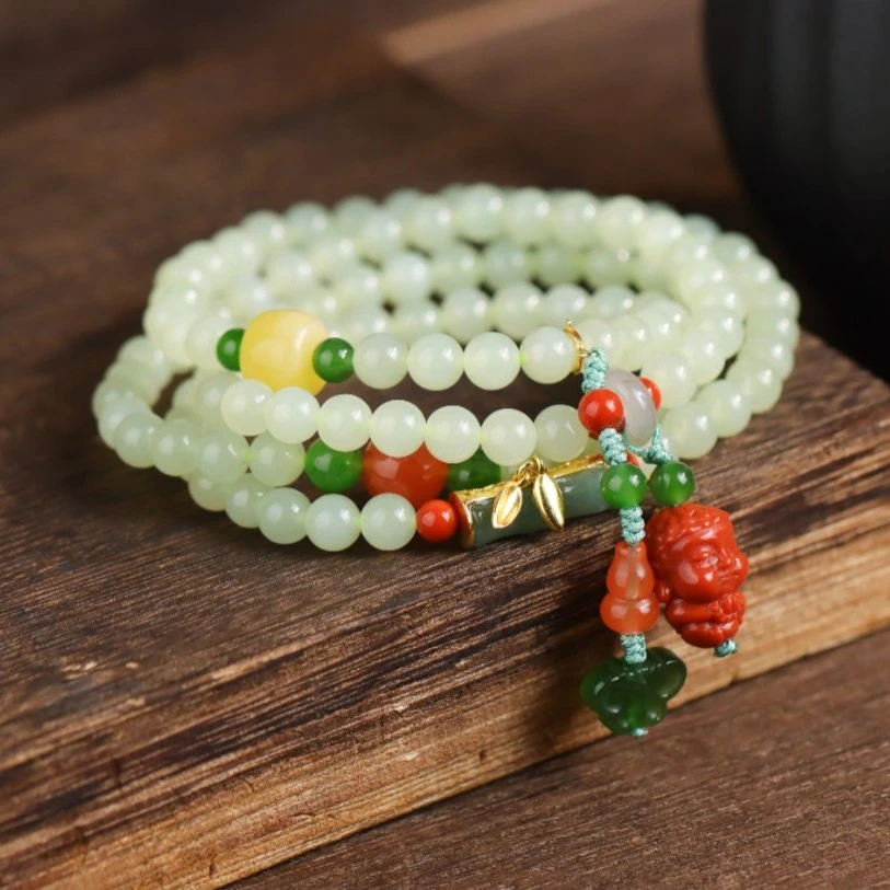 珠宝青玉圆珠玛瑙宝宝佛竹节民族风气质送礼女款多圈手串