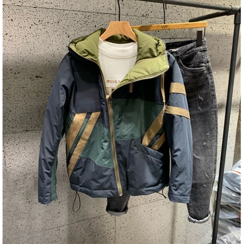 冬季2023拼接男士连帽棉服复古斜拉链加厚抗寒时尚棉衣面包服男款