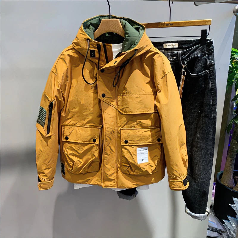 冬季潮拼接撞色男士连帽面包服个性贴标工装户外防寒百搭棉衣男款