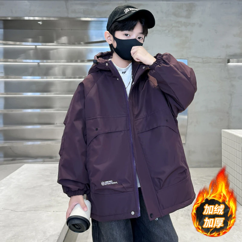 男童秋冬装加绒加厚冲锋衣外套2024新款夹棉保暖上衣中大童夹克潮