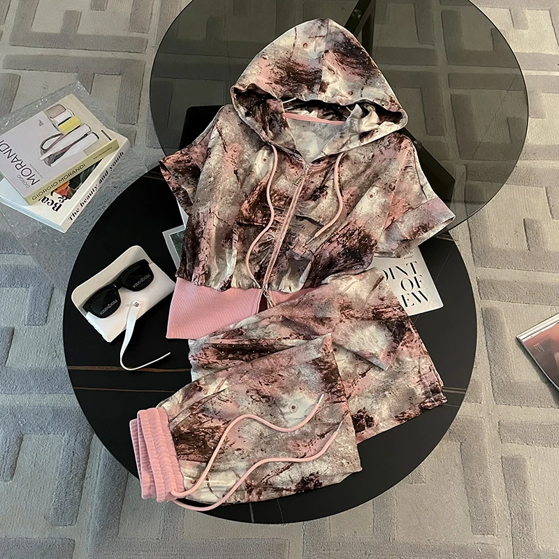 薏丝妮欧货时尚休闲套装女夏收腰短款拉链连帽短袖阔腿长裤两件套