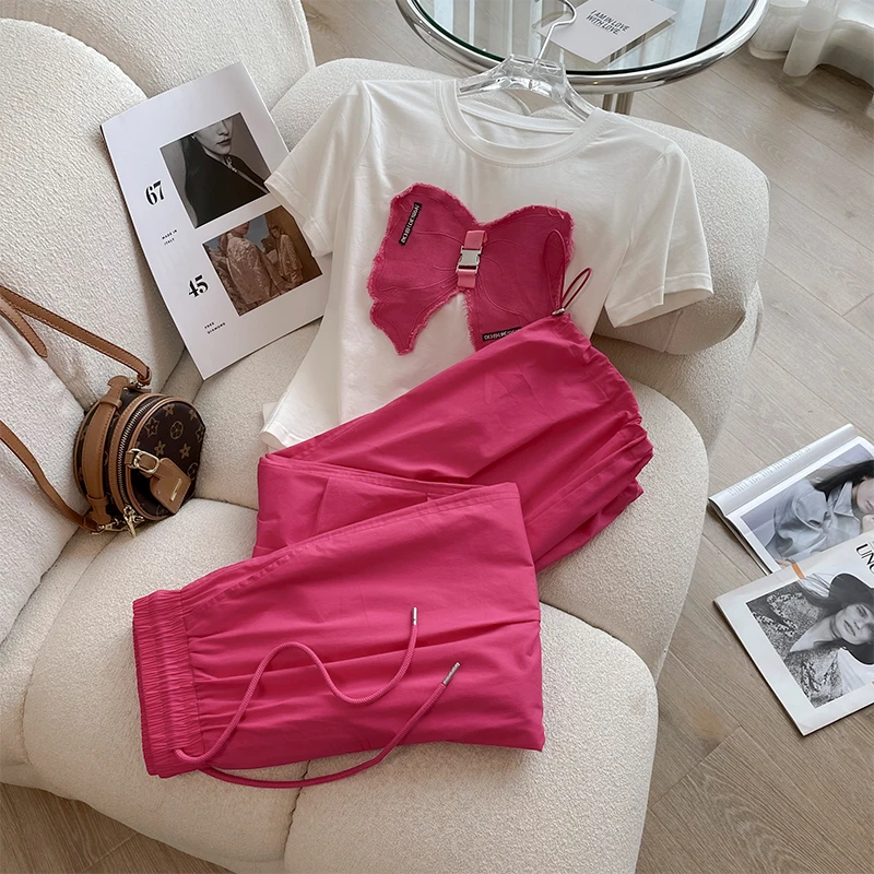 薏丝妮美式复古辣妹套装女夏设计感蝴蝶结短袖T抽绳束脚裤两件套