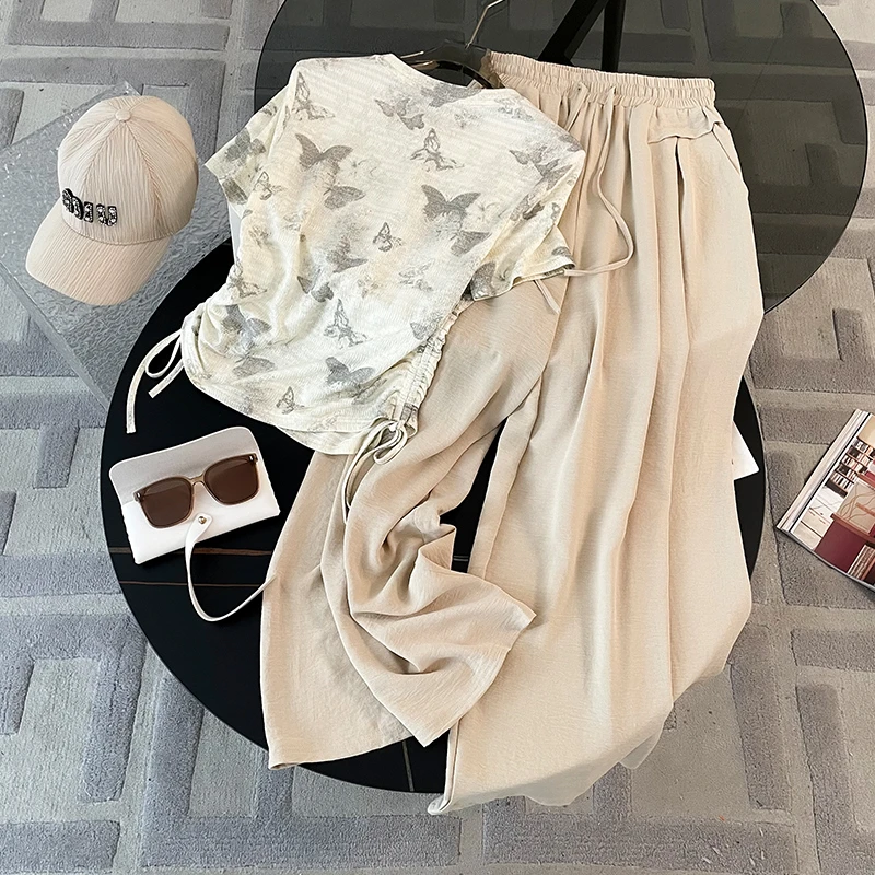 薏丝妮欧货时尚显瘦印花抽绳短袖T套装女夏垂感宽松阔腿裤两件套