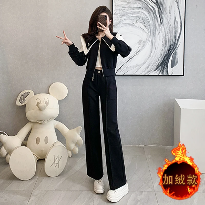 时尚洋气拼接撞色大翻领开衫卫衣套装女秋冬新款运动阔腿裤两件套