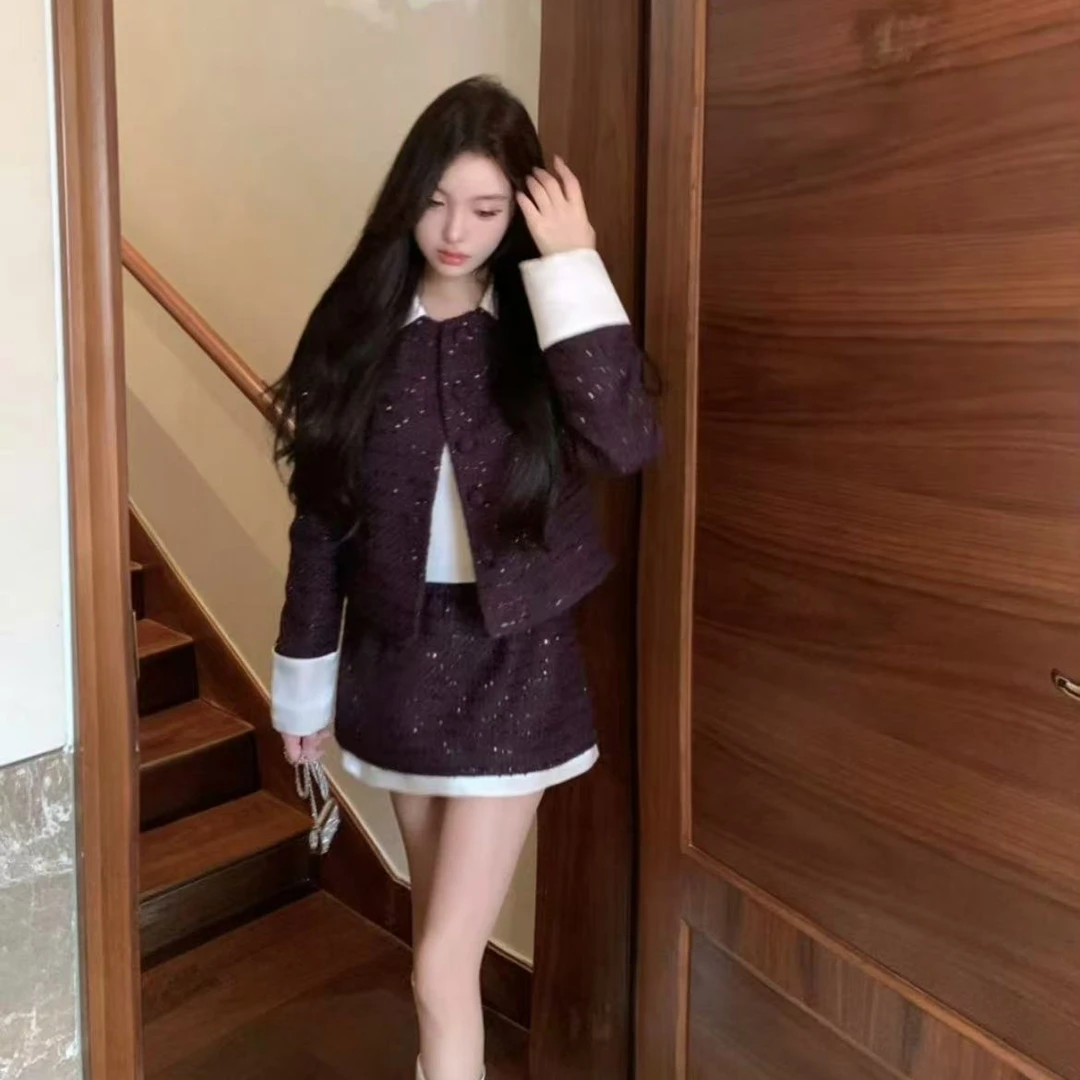 法式气质女神2024秋季新款时尚翻领小香风粗花呢外套高腰显瘦短裙