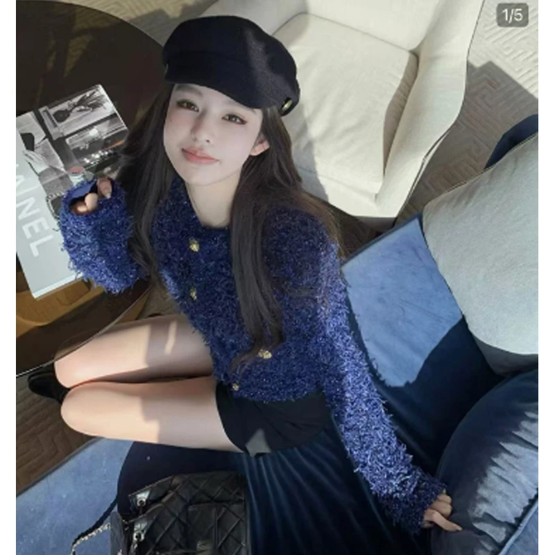 【多瑙河畔】重工定染蓝色系外套定制金扣短款轻奢显瘦百搭小众裤子