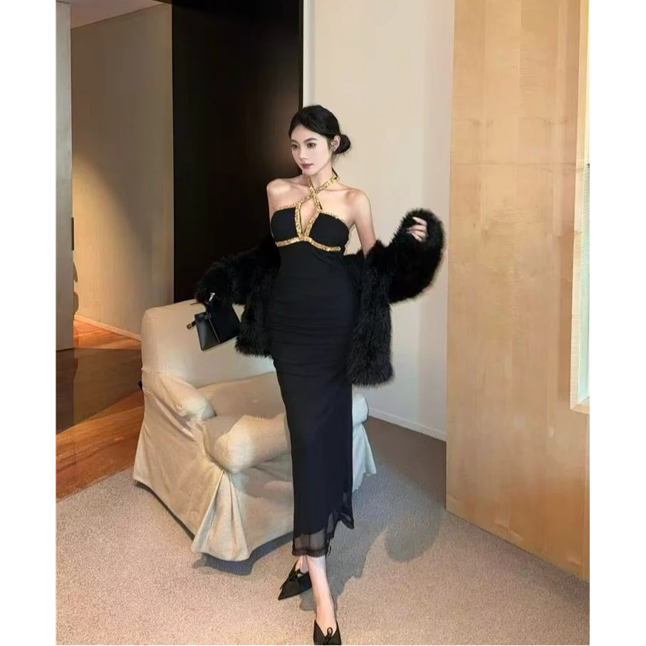 法式连衣裙女2024秋冬新款高级感收腰礼服包臀裙长裙生日裙子