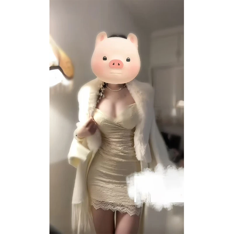 法式性感v领蕾丝吊带长袖连衣裙女早秋纯欲辣妹收腰显瘦包臀短裙