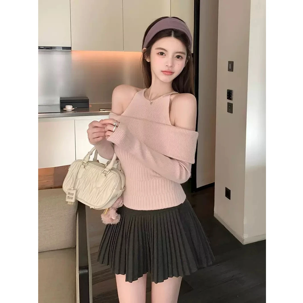 韩系甜美少女2024秋冬新款假两件性感一字肩坑条上衣高腰百褶短裙