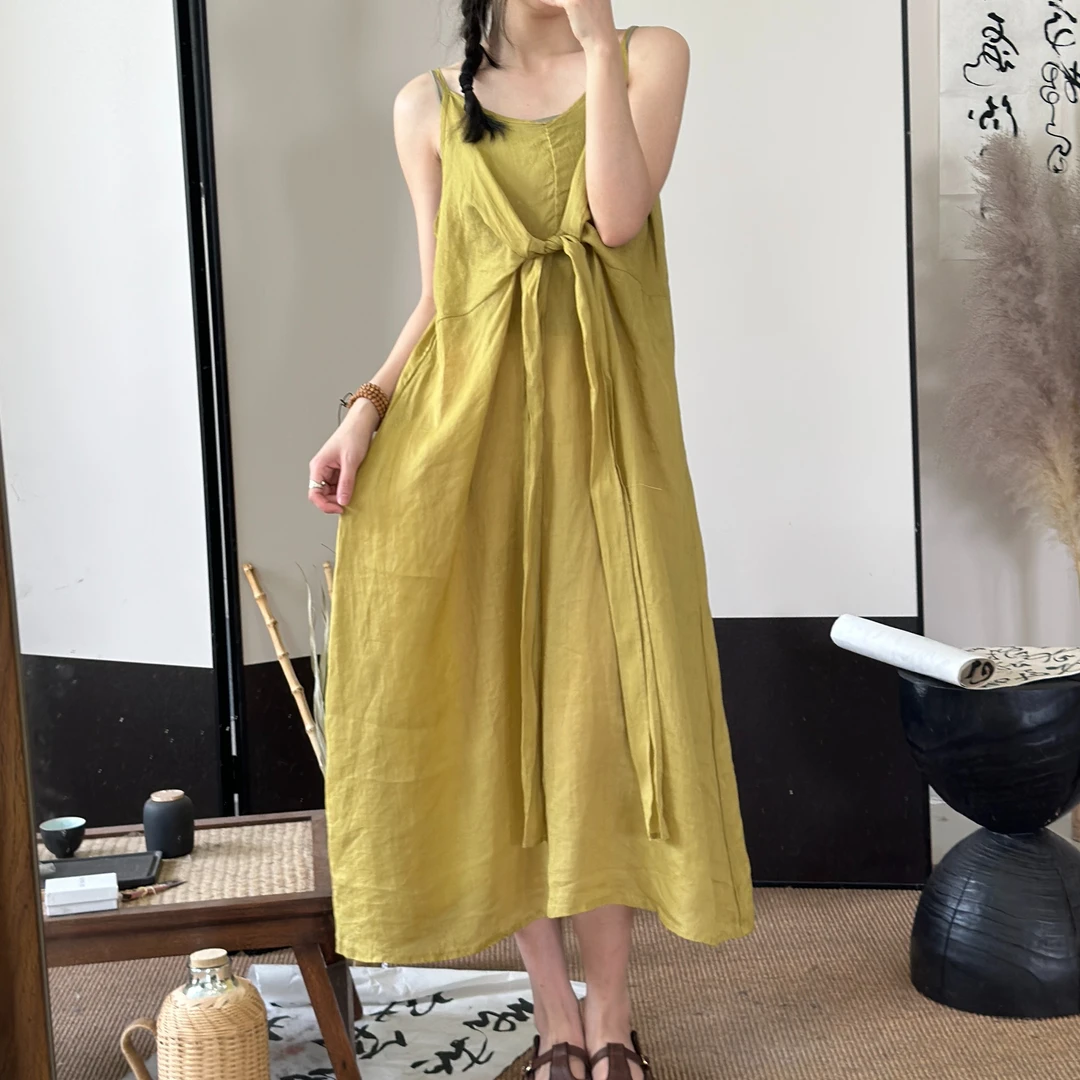 半自由春夏新款文艺胸前系带苎麻吊带连衣裙-23318-